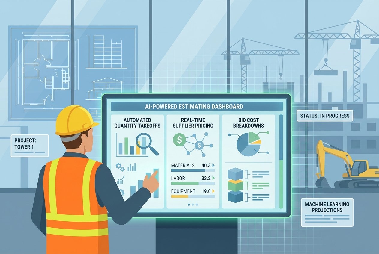 A construction professional in a hard hat and hi-vis vest interacts with an AI estimating software dashboard on a touchscreen monitor, showing automated quantity takeoffs, real-time pricing data, and bid cost charts with a construction site visible in the background.