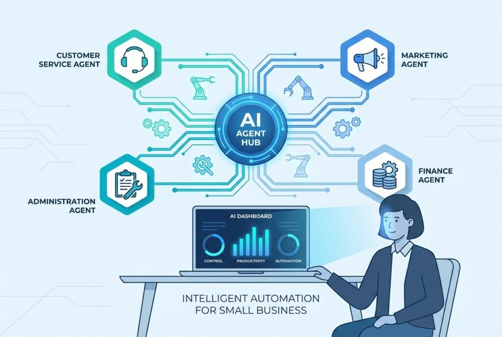 A small business owner reviewing an AI dashboard on a laptop, surrounded by a glowing network of interconnected autonomous AI agent icons representing customer service, marketing, finance, and admin workflows in blue and teal tones.