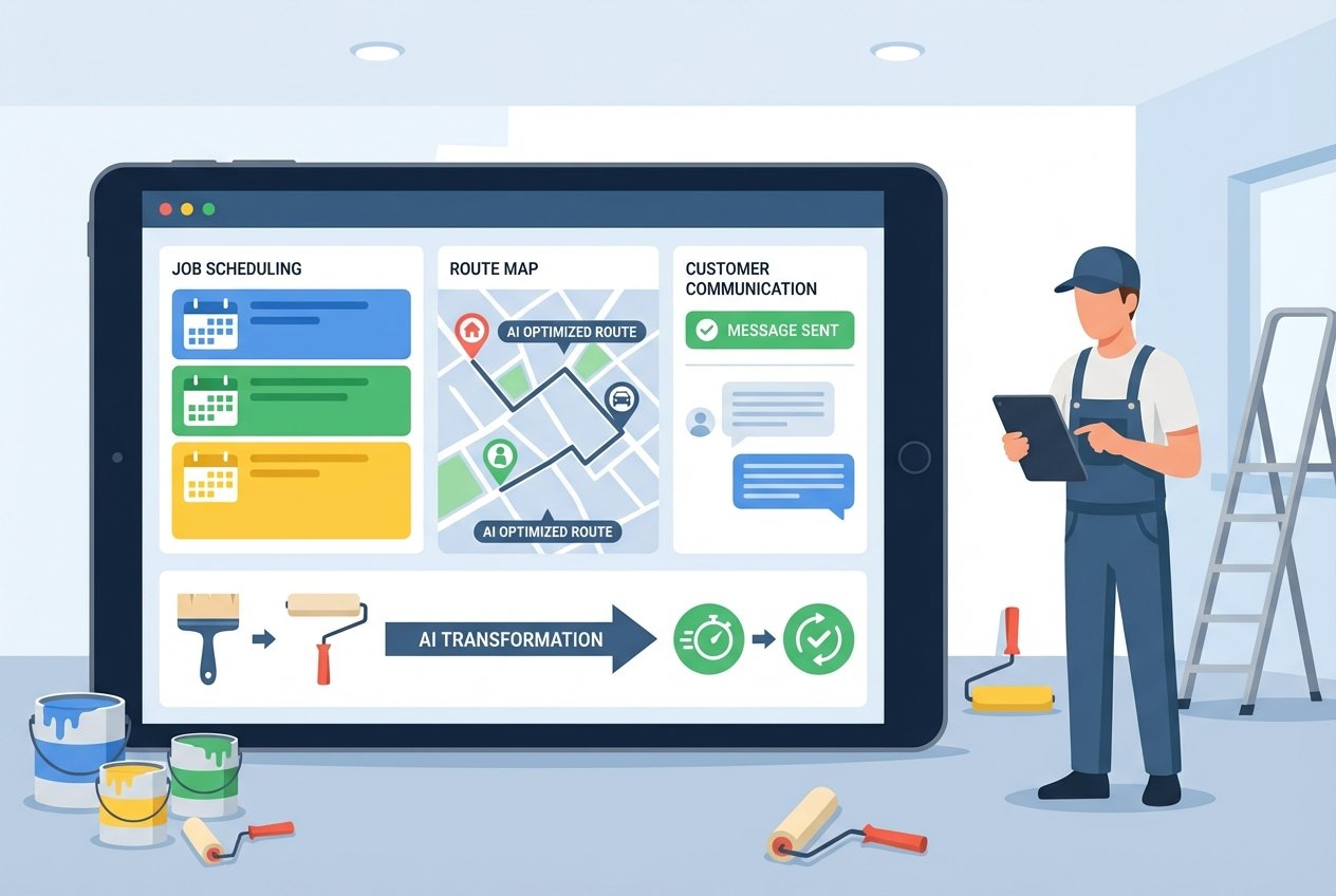 A professional decorator in white work overalls reviewing an AI-powered scheduling dashboard on a tablet, showing colour-coded job slots, route optimisation maps, and automated customer message notifications in a freshly painted interior space.