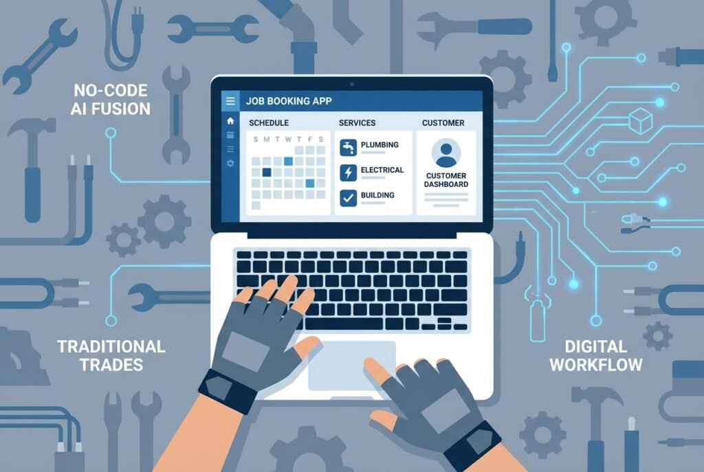 A tradesperson using a laptop displaying a professional job booking application interface with calendar scheduling, service selection panels, and an admin dashboard, surrounded by subtle trade tool icons and AI-inspired digital design elements.