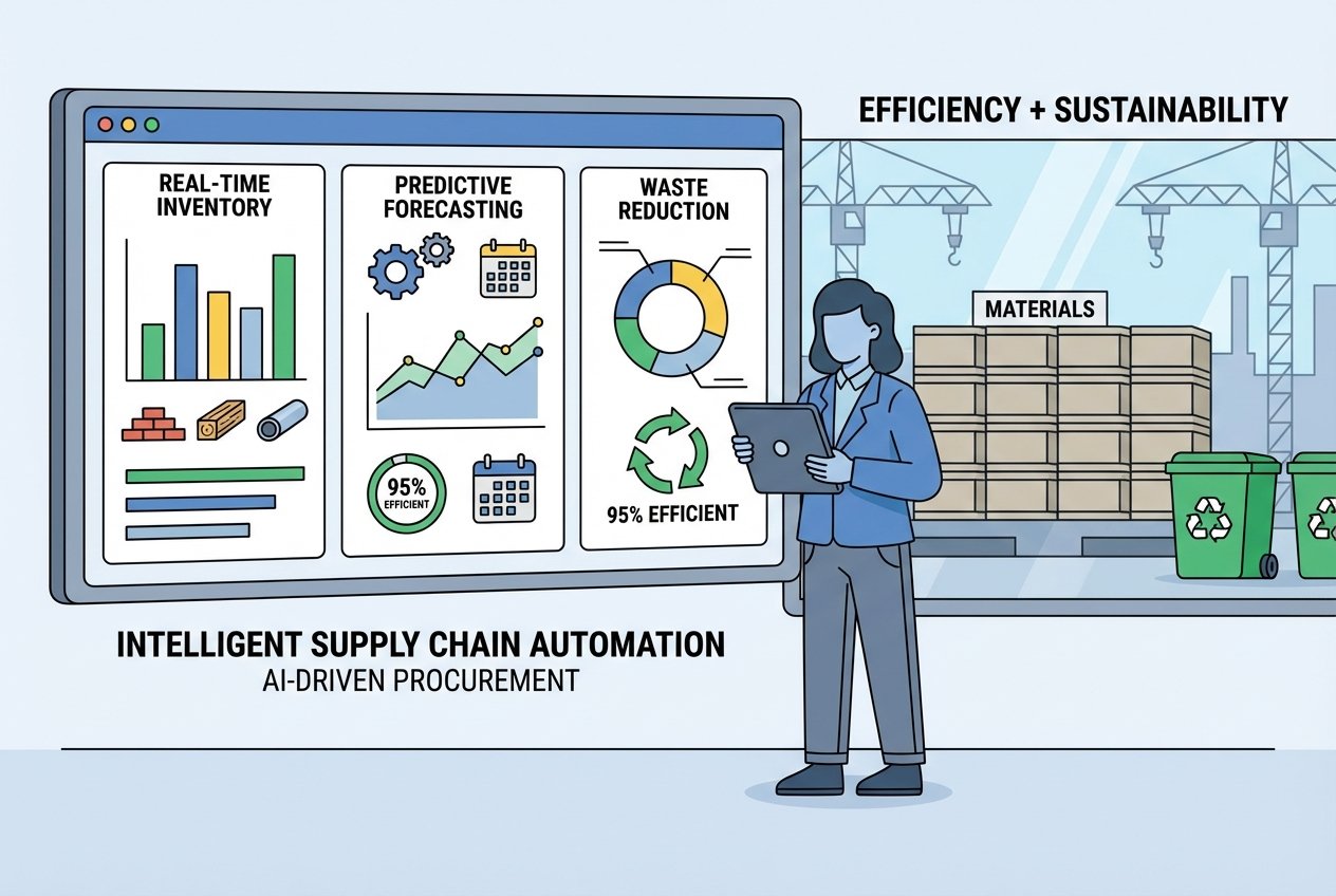 A construction project manager in a hard hat and high-visibility vest reviewing an AI procurement dashboard on a large monitor, showing colourful graphs of material forecasting, inventory tracking, and waste reduction statistics, with an organised construction site visible through the office window.