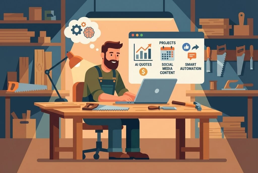 A male joiner in a sawdust-filled workshop reviewing AI-powered quoting and marketing tools on a laptop, surrounded by timber planks, wood shavings, and carpentry hand tools on a workbench.