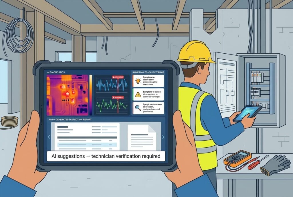 Electrician in PPE stands by an open electrical panel, holding a rugged tablet that shows an AI diagnostics dashboard with a thermal hotspot image, flagged waveform anomalies, power quality metrics, and a draft inspection report.