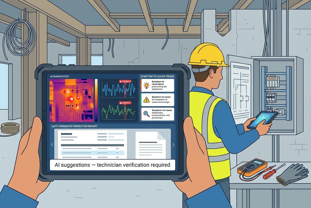 Electrician in PPE stands by an open electrical panel, holding a rugged tablet that shows an AI diagnostics dashboard with a thermal hotspot image, flagged waveform anomalies, power quality metrics, and a draft inspection report.