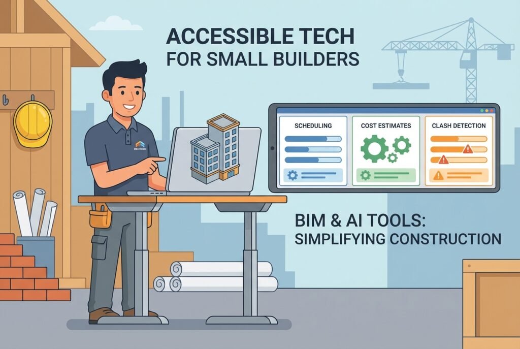 A construction site manager in a hard hat reviews a 3D BIM building model and AI-powered project dashboard on a tablet, with blueprints and building materials visible in the background.