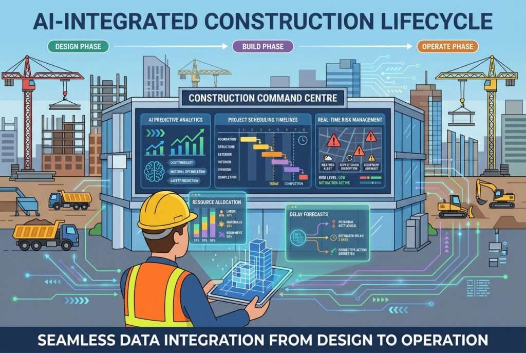 A construction project manager in a hard hat and high-visibility vest using a tablet displaying an AI-powered dashboard with 3D building models, predictive analytics graphs, scheduling timelines, and real-time risk management data overlaid against an active construction site backdrop.