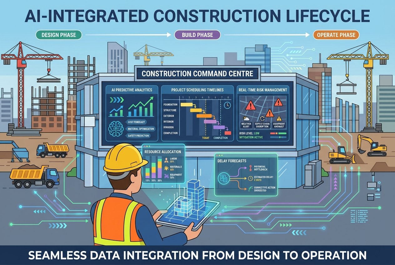 A construction project manager in a hard hat and high-visibility vest using a tablet displaying an AI-powered dashboard with 3D building models, predictive analytics graphs, scheduling timelines, and real-time risk management data overlaid against an active construction site backdrop.