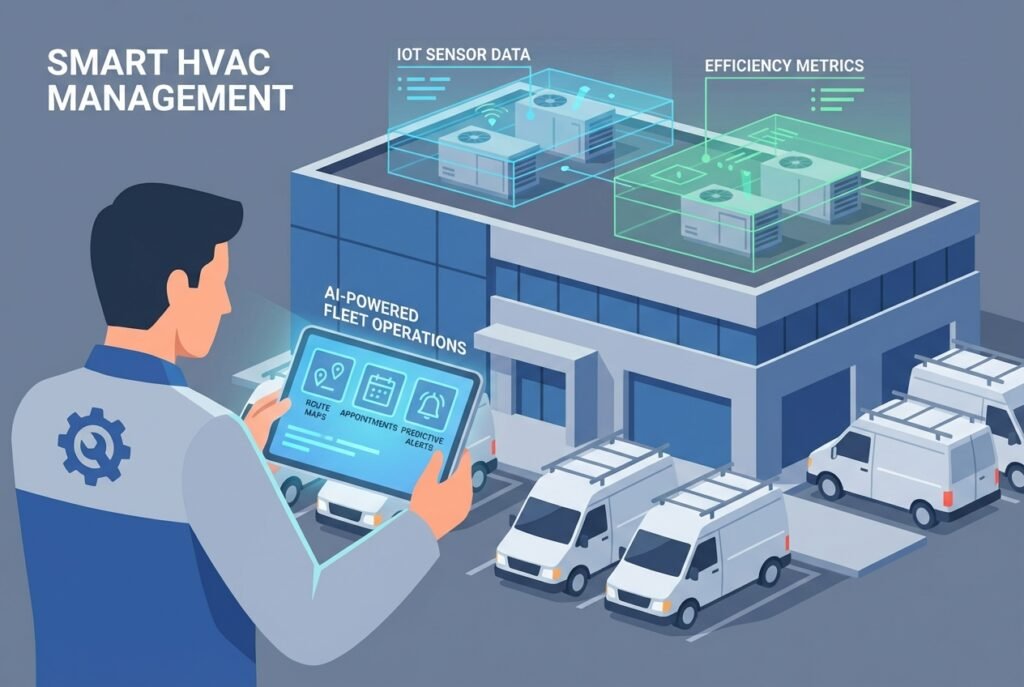An HVAC engineer in a branded uniform holding a tablet displaying an AI dashboard with colour-coded route maps, scheduled appointments, and predictive maintenance alerts, with a fleet of white service vans and a commercial building featuring rooftop HVAC units visible in the background.