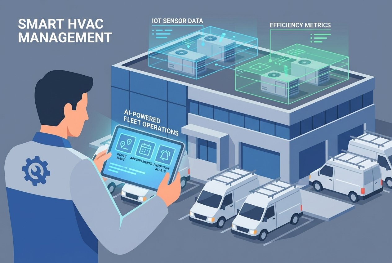 An HVAC engineer in a branded uniform holding a tablet displaying an AI dashboard with colour-coded route maps, scheduled appointments, and predictive maintenance alerts, with a fleet of white service vans and a commercial building featuring rooftop HVAC units visible in the background.
