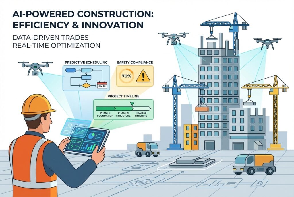 A construction site manager in a high-visibility vest and hard hat reviewing an AI-powered scheduling and safety dashboard on a tablet, with cranes and a partially built structure visible in the background.