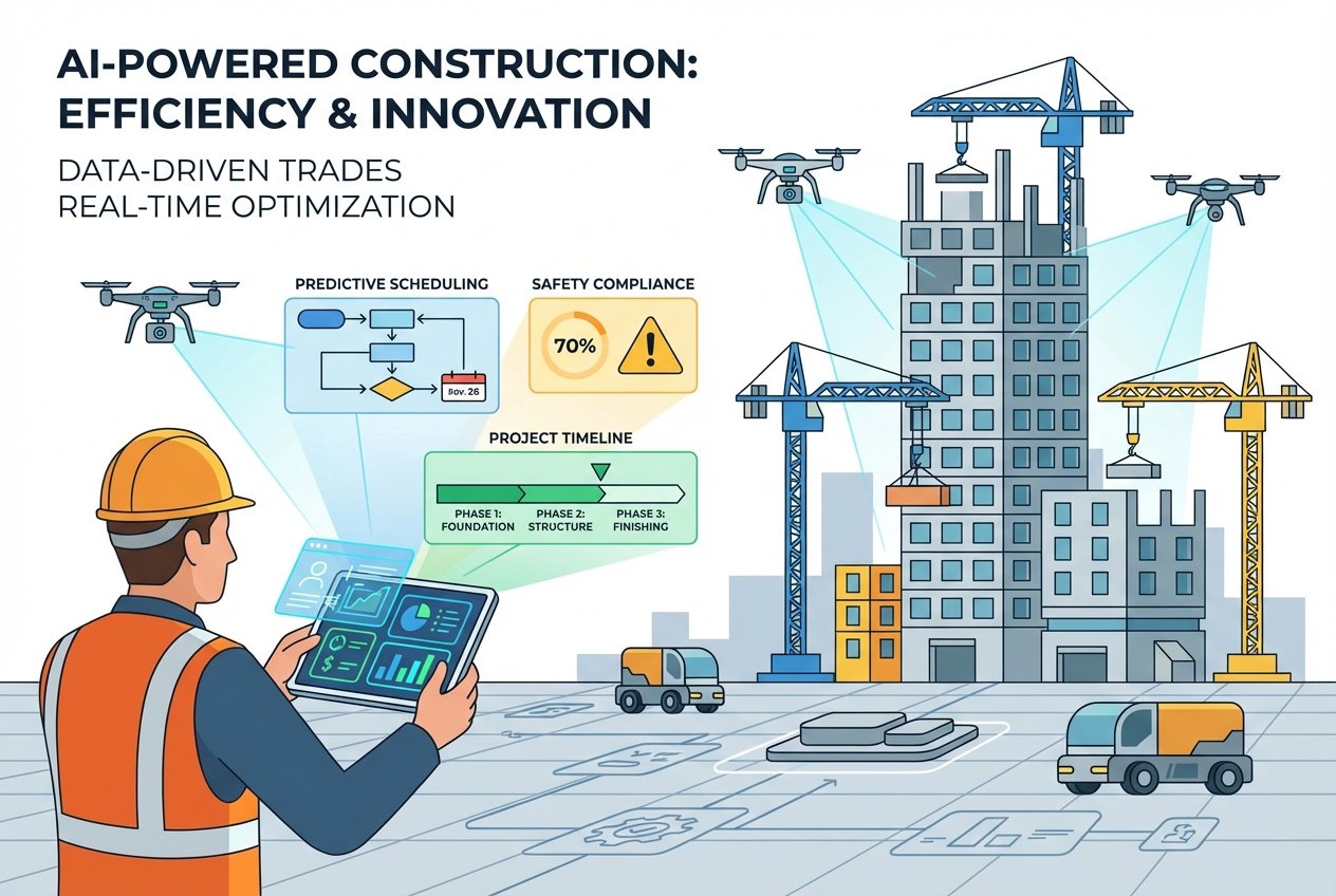 A construction site manager in a high-visibility vest and hard hat reviewing an AI-powered scheduling and safety dashboard on a tablet, with cranes and a partially built structure visible in the background.
