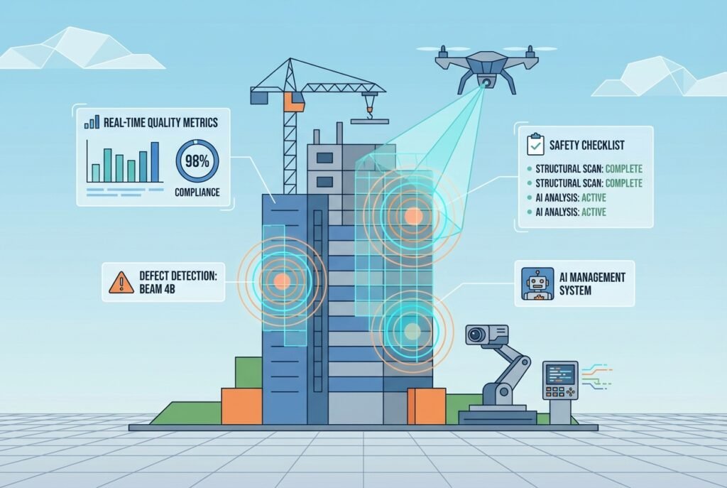 A drone equipped with AI sensors hovers over a modern construction site, projecting digital overlays that highlight structural defect detection data and compliance metrics on a partially built concrete and steel high-rise building.