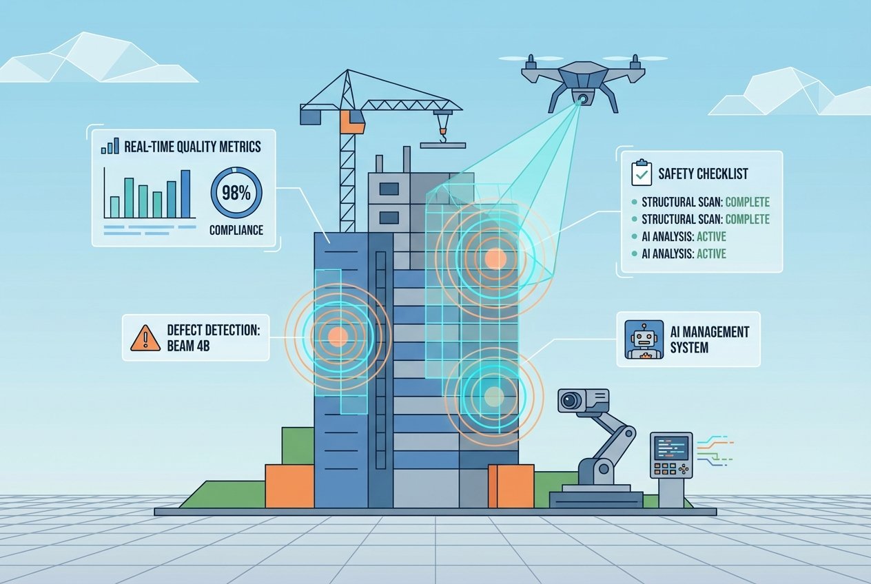 A drone equipped with AI sensors hovers over a modern construction site, projecting digital overlays that highlight structural defect detection data and compliance metrics on a partially built concrete and steel high-rise building.