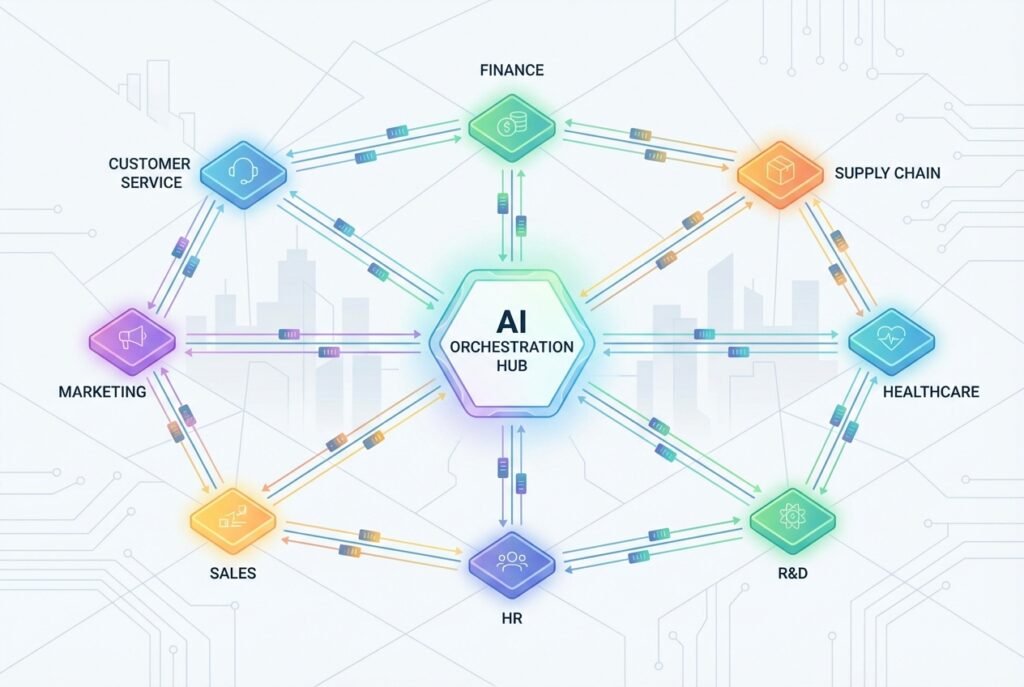 A futuristic digital network diagram showing a central AI orchestration node connected by glowing data streams to multiple specialised agent nodes labelled with enterprise functions including customer service, finance, supply chain, marketing, and healthcare, set against a dark tech-inspired background.