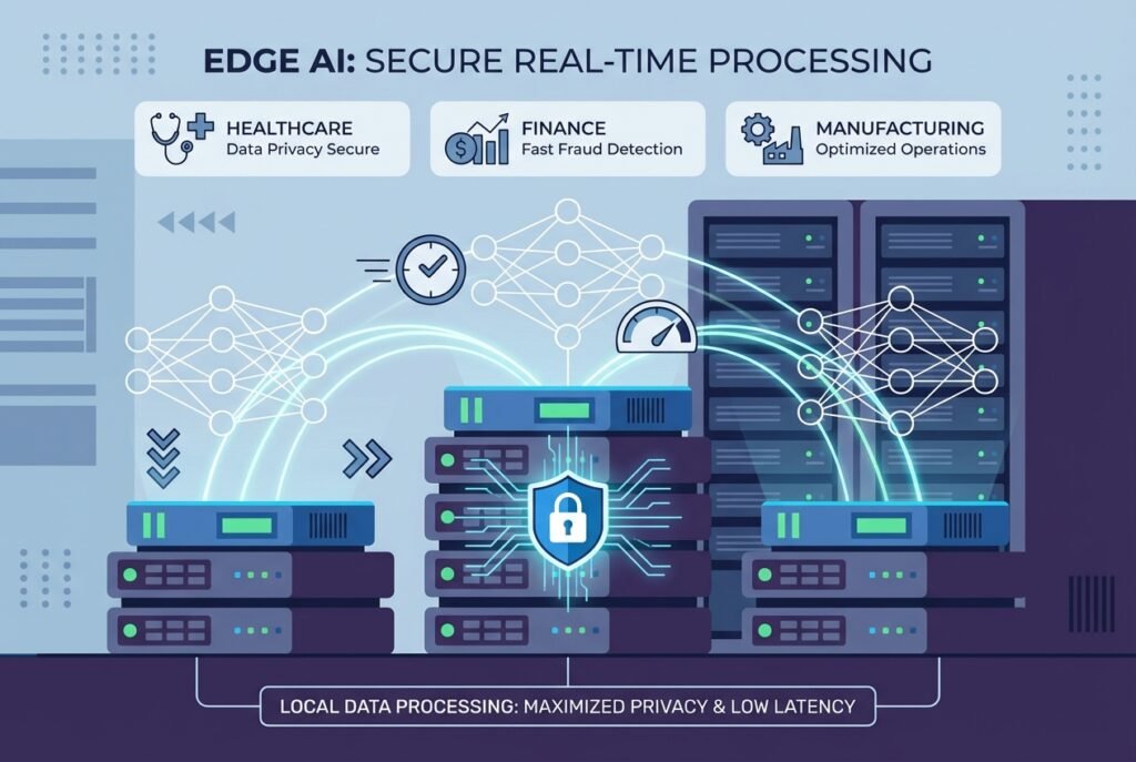 A modern on-premise server room with compact edge AI hardware units, illuminated network cables, and overlaid digital graphics showing neural network nodes, data flow lines, and a security padlock icon representing local AI processing and data privacy.