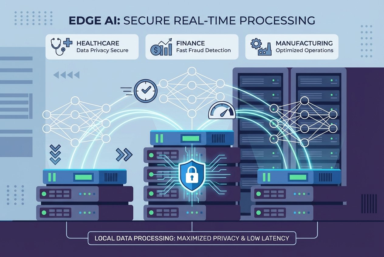 A modern on-premise server room with compact edge AI hardware units, illuminated network cables, and overlaid digital graphics showing neural network nodes, data flow lines, and a security padlock icon representing local AI processing and data privacy.