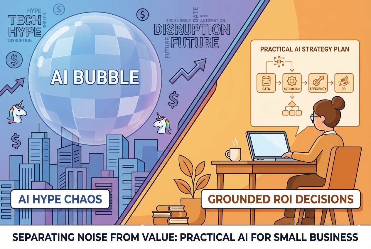 A split-scene illustration showing a glowing AI hype bubble filled with dollar signs and unicorn symbols on one side, and a focused small business owner reviewing a clear AI strategy plan on a laptop on the other side, symbolising the contrast between speculative AI investment and grounded business decision-making.