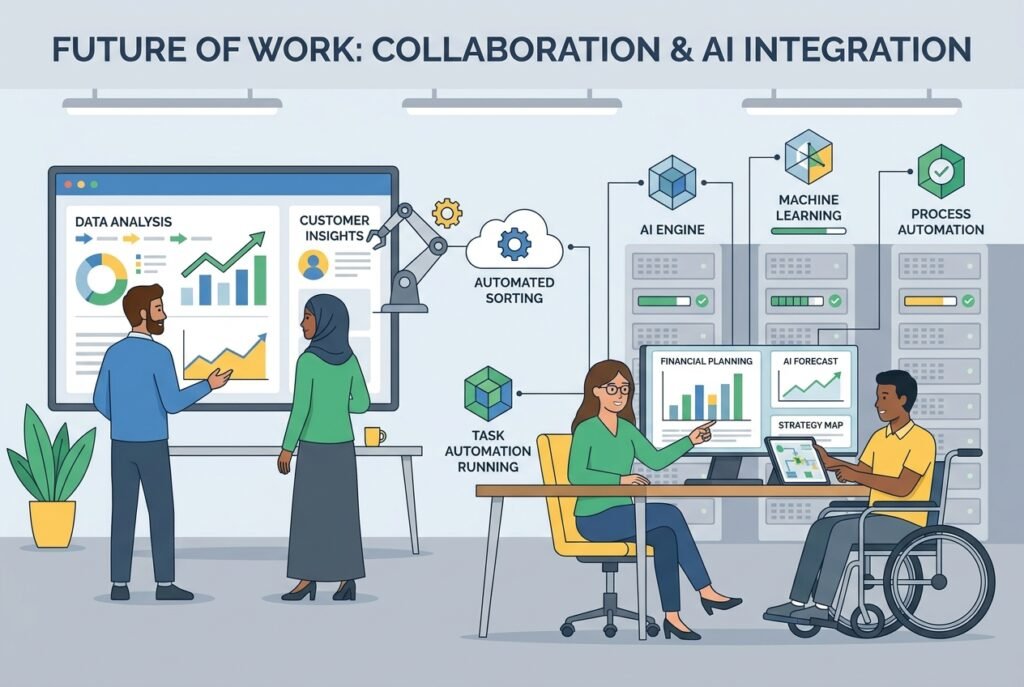 A diverse small business team working in a contemporary open-plan office, surrounded by glowing AI dashboard screens displaying automation workflows, financial charts, and customer service chatbot interfaces, symbolising the integration of artificial intelligence across core business functions.