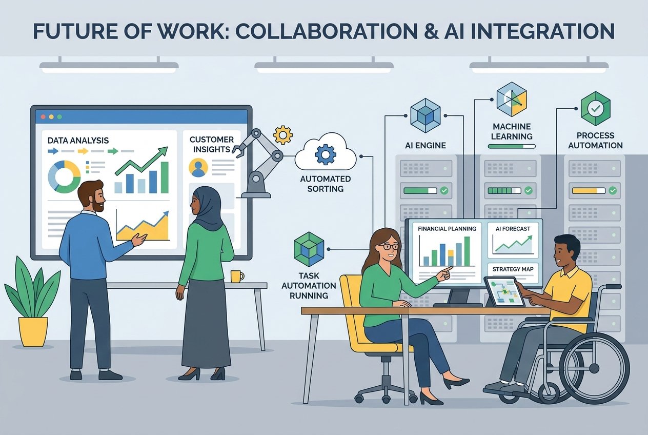 A diverse small business team working in a contemporary open-plan office, surrounded by glowing AI dashboard screens displaying automation workflows, financial charts, and customer service chatbot interfaces, symbolising the integration of artificial intelligence across core business functions.