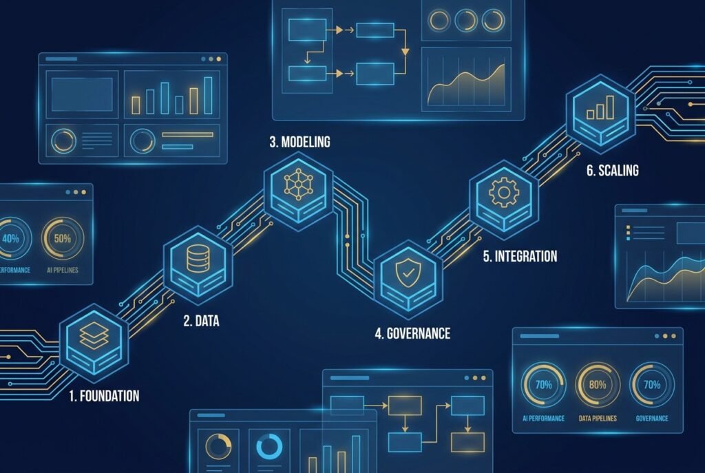 A glowing digital roadmap illustration with six interconnected nodes along a circuit-style pathway, surrounded by holographic AI dashboards displaying metrics, data pipelines, and governance frameworks in a navy and gold colour scheme.