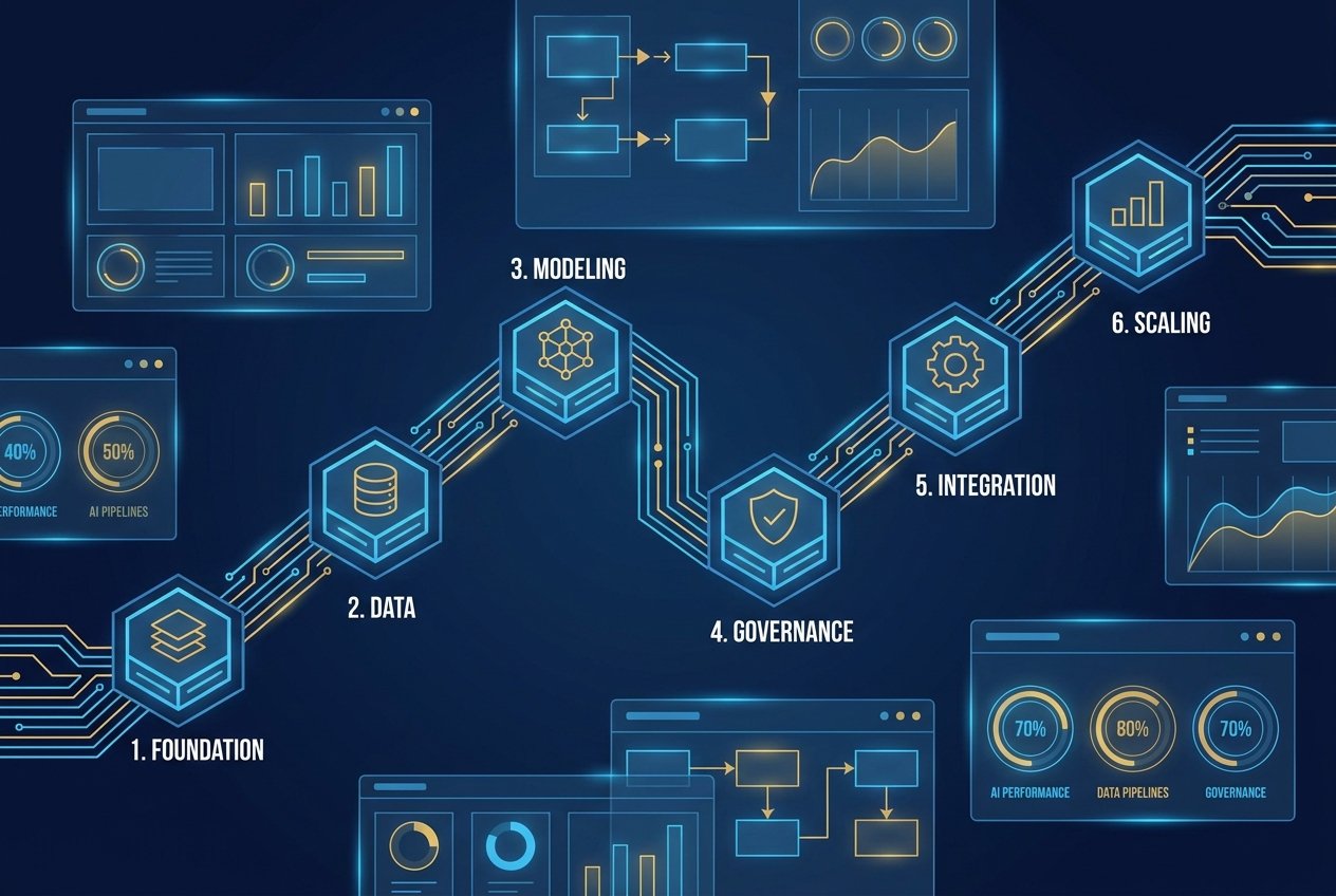 A glowing digital roadmap illustration with six interconnected nodes along a circuit-style pathway, surrounded by holographic AI dashboards displaying metrics, data pipelines, and governance frameworks in a navy and gold colour scheme.
