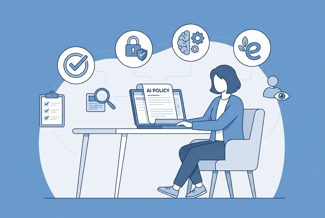 A small business owner reviewing an AI governance policy on a laptop at a modern desk, with floating icons representing data privacy shields, compliance checkmarks, and human oversight symbols in a blue and white colour scheme.