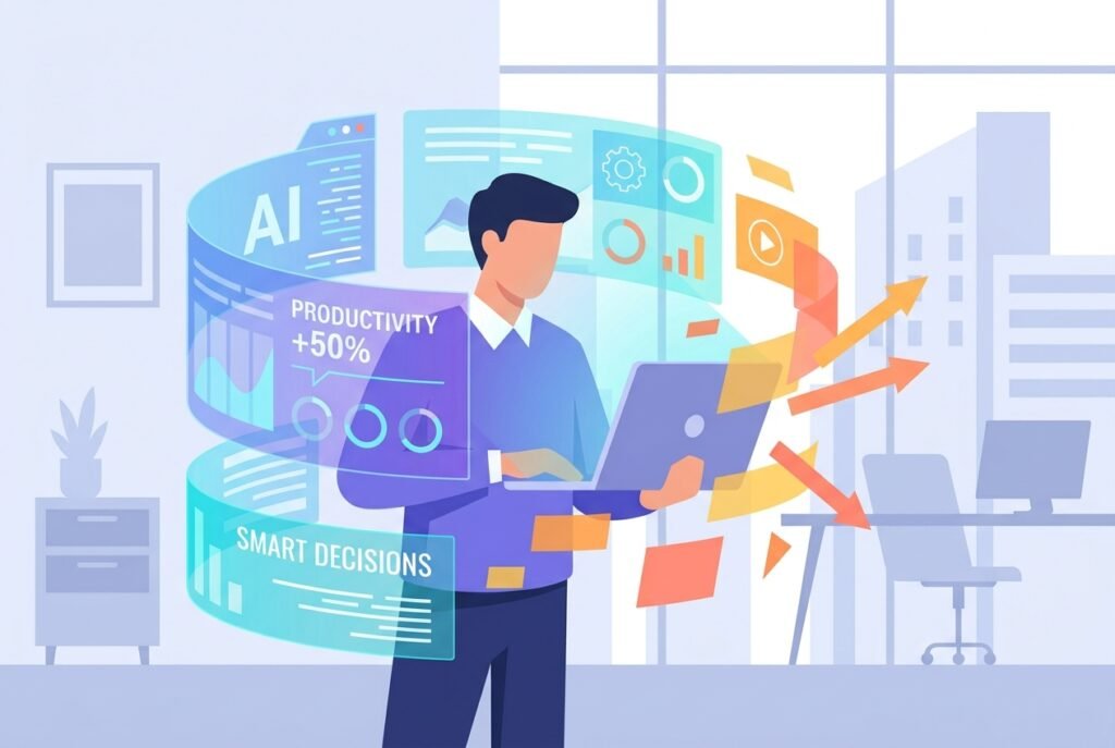 A business professional seated at a sleek desk, surrounded by glowing holographic AI dashboards and data visualisations, representing the fusion of human expertise and artificial intelligence in the modern augmented workforce.