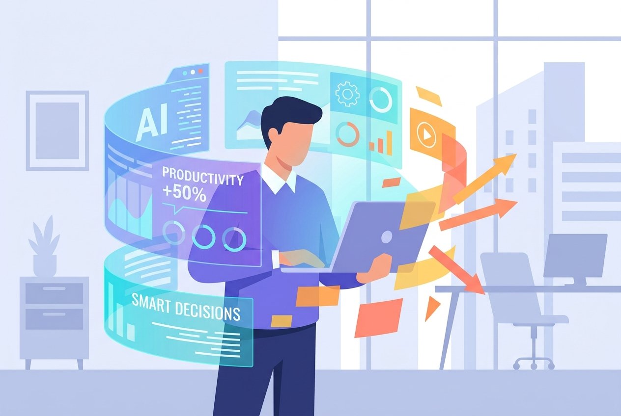 A business professional seated at a sleek desk, surrounded by glowing holographic AI dashboards and data visualisations, representing the fusion of human expertise and artificial intelligence in the modern augmented workforce.