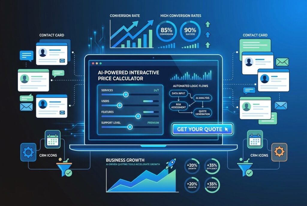 A modern laptop displaying an AI-powered interactive price calculator interface with pricing sliders, a glowing 'Get Your Quote' button, floating lead capture cards, and upward-trending conversion rate graphs on a dark blue gradient background.
