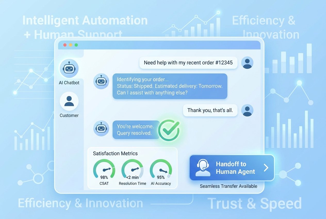 A digital dashboard displaying an AI chatbot interface with conversation bubbles, customer satisfaction score graphs, and a human escalation button, illustrating automated customer support in action.