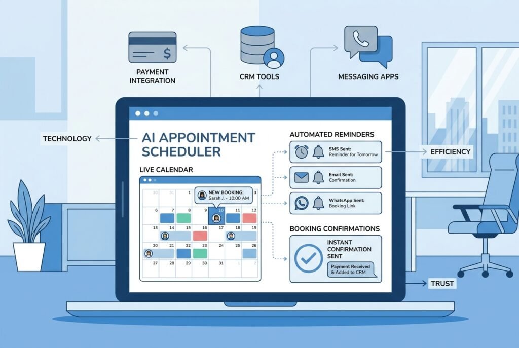 A modern laptop screen displaying an AI appointment booking dashboard with a digital calendar, automated SMS and WhatsApp reminder icons, booking confirmation alerts, and CRM integration symbols, set against a clean professional office background in blue and white tones.