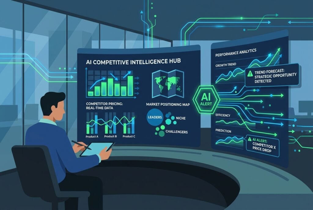 A business analyst reviewing an AI-powered competitive intelligence dashboard on multiple screens, showing real-time competitor pricing charts, market positioning maps, and AI-generated strategic insights displayed in blue and green data visualisations.