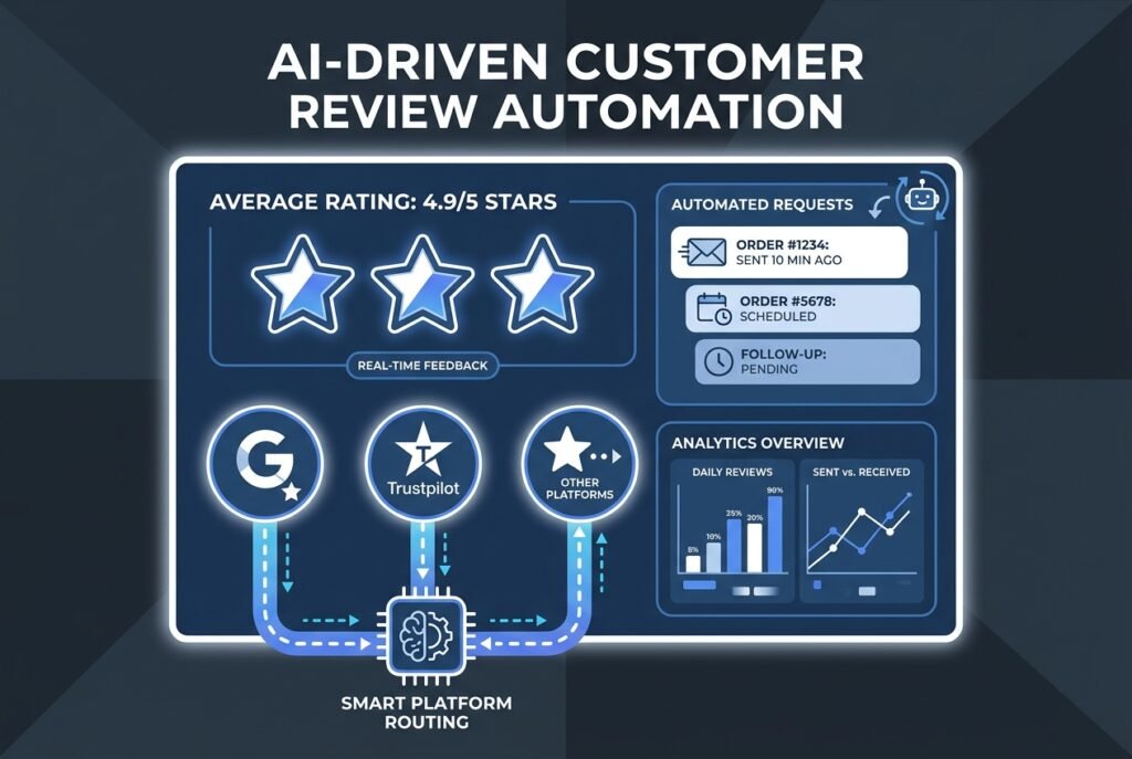 A glowing digital AI dashboard displaying five-star customer review metrics, automated review request alerts, and real-time analytics graphs, with interconnected icons for Google and Trustpilot linked by flowing data streams against a dark blue background.