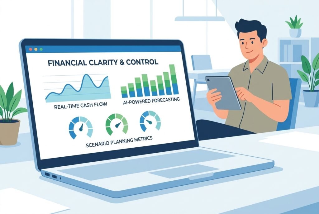 A small business owner sitting at a desk reviewing an AI-powered cash flow forecasting dashboard on a laptop, displaying colourful line graphs, monthly inflow and outflow projections, and scenario planning metrics in a modern office setting.