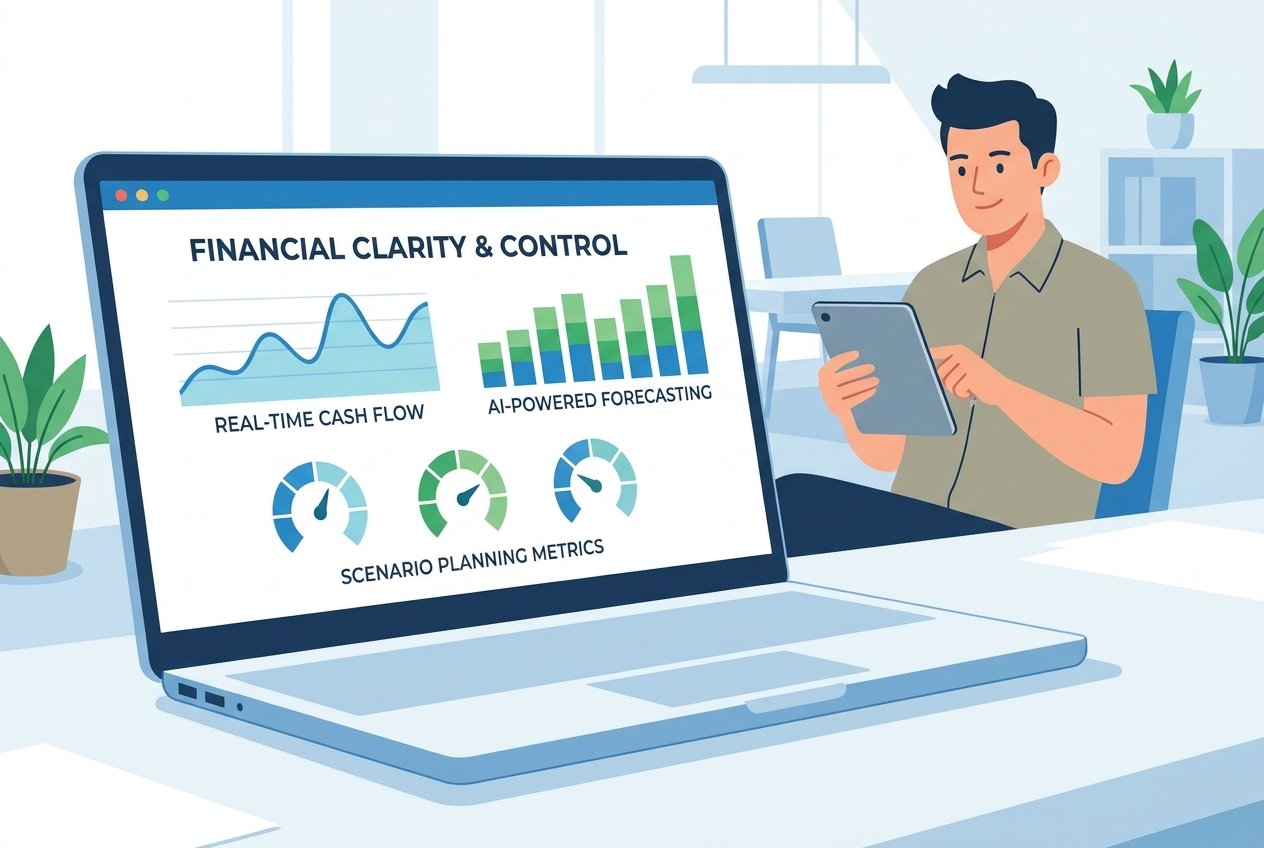 A small business owner sitting at a desk reviewing an AI-powered cash flow forecasting dashboard on a laptop, displaying colourful line graphs, monthly inflow and outflow projections, and scenario planning metrics in a modern office setting.