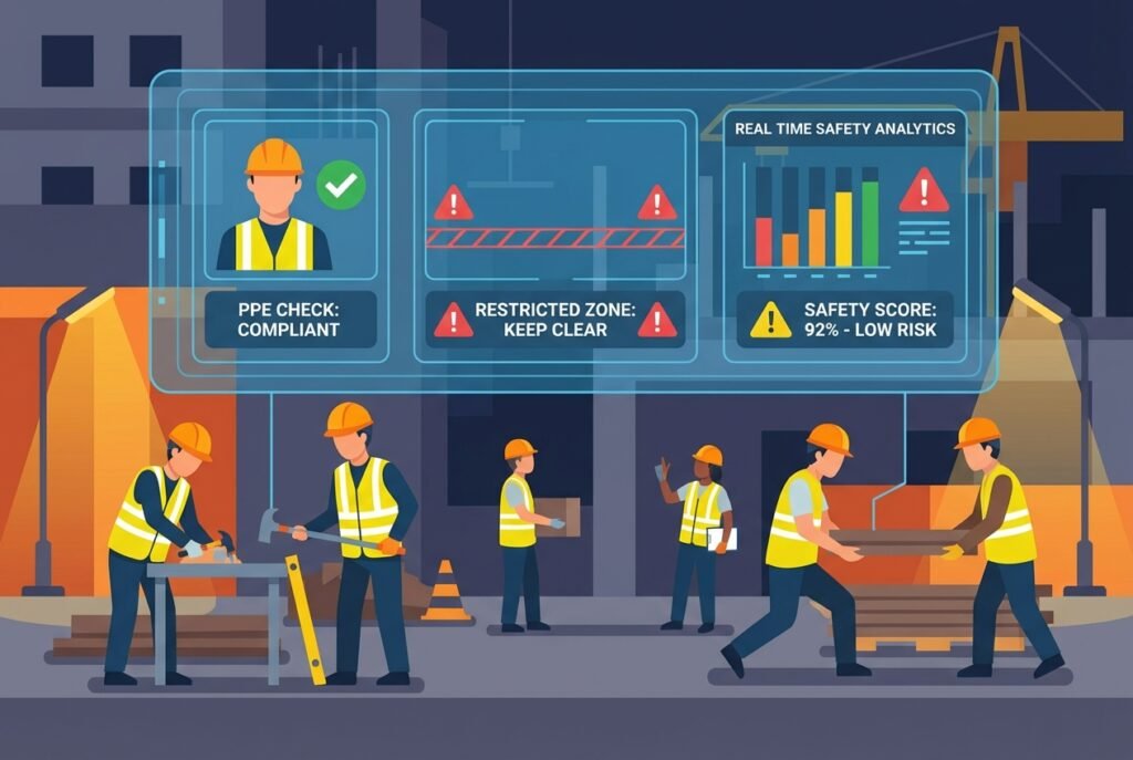 Construction workers wearing high-visibility vests and hard hats on an active building site, overlaid with a glowing blue AI computer vision interface displaying PPE detection alerts, zone boundary warnings, and real-time safety compliance data.