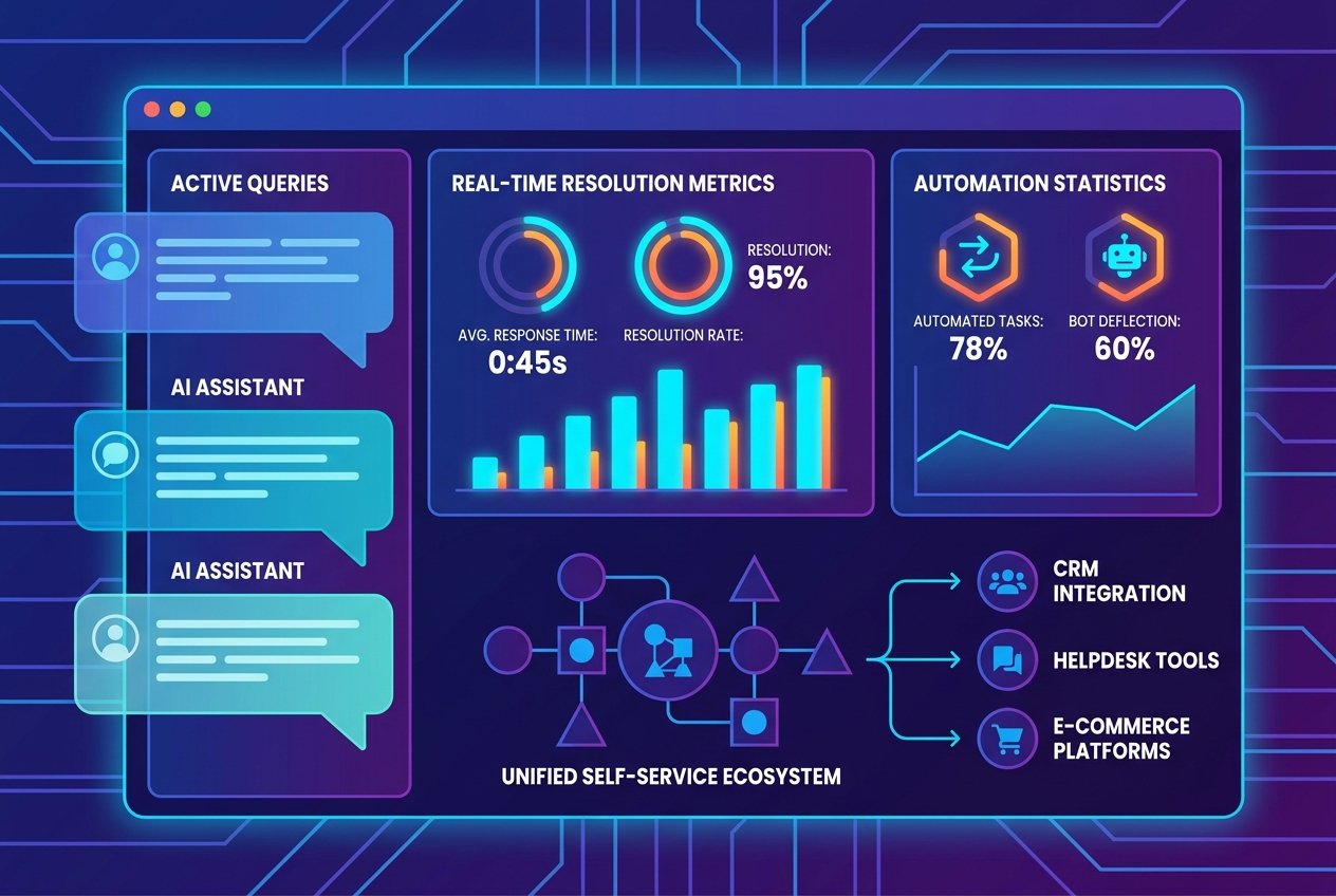 A futuristic AI customer support dashboard showing an automated FAQ chatbot interface with live chat windows, resolution rate graphs, and integration icons for CRM and helpdesk platforms displayed on a dark blue digital screen.