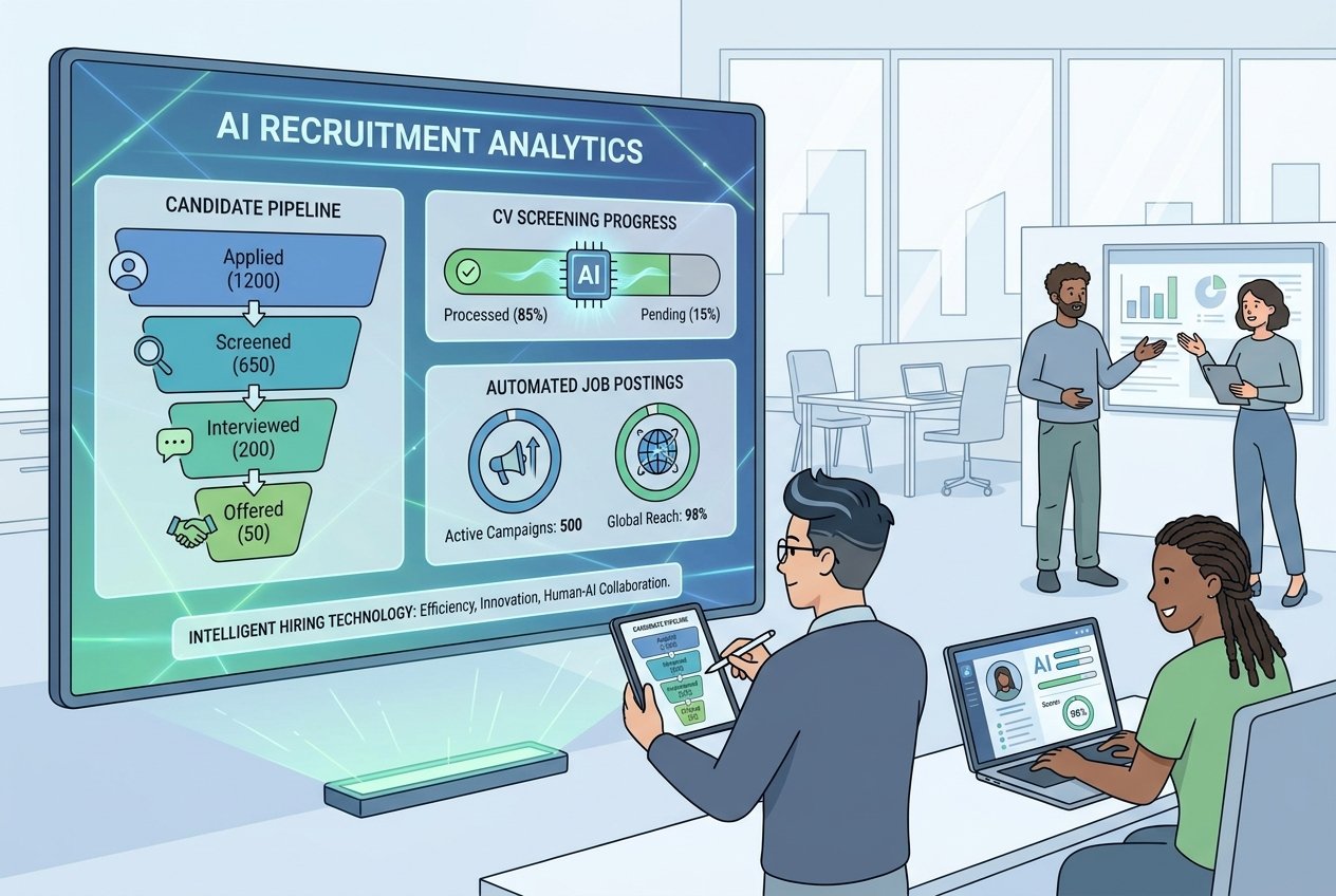 A futuristic AI recruitment dashboard displaying candidate screening analytics, hiring pipeline charts, and automated CV filtering metrics on a large monitor, with HR professionals reviewing data on tablets in a modern office setting.