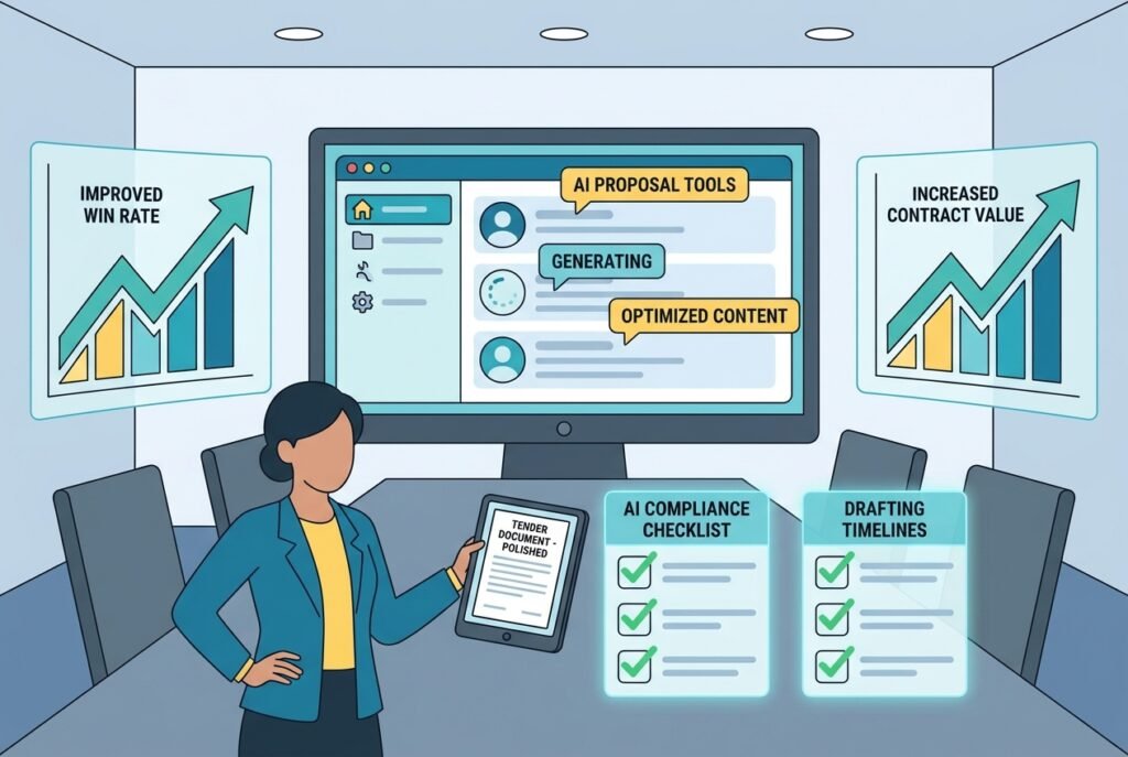 A business professional sitting at a modern desk reviewing an AI-generated tender proposal on a large monitor, with digital dashboards displaying win rate statistics, compliance checklists, and bid automation progress charts in the background.