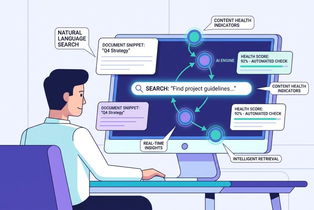 A professional sits at a modern desk interacting with an AI knowledge base dashboard displaying search results, content health indicators, and interconnected documentation cards on a widescreen monitor.