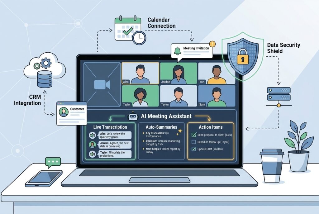 A laptop screen displaying an AI meeting assistant dashboard with live speech transcription, colour-coded action items, and automated meeting summaries, set against a modern professional office workspace background.