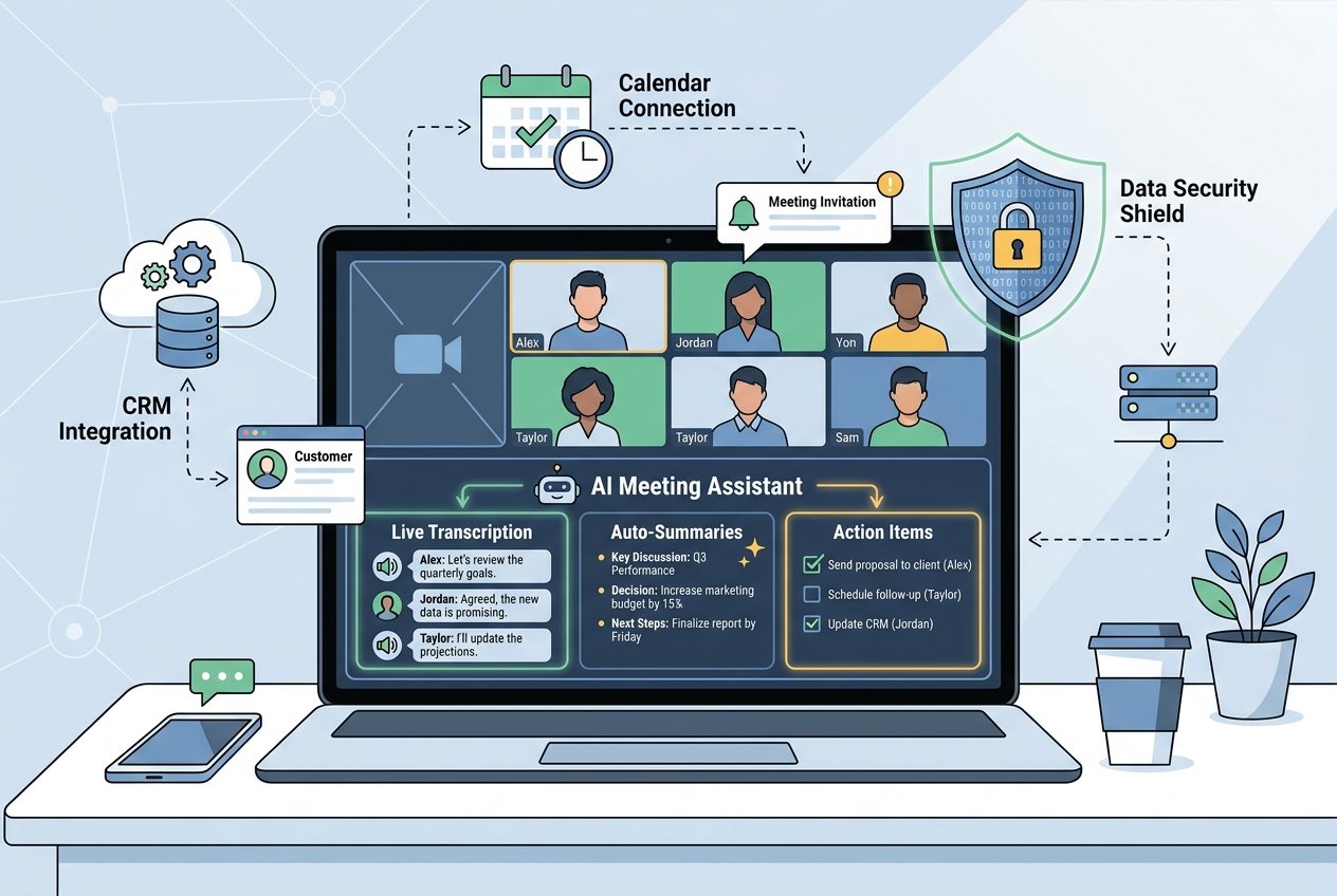 A laptop screen displaying an AI meeting assistant dashboard with live speech transcription, colour-coded action items, and automated meeting summaries, set against a modern professional office workspace background.