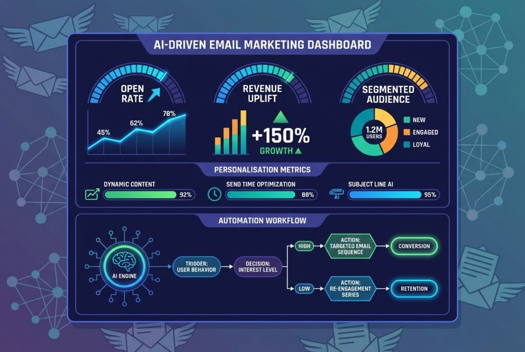 A dark-themed AI email marketing dashboard displaying personalisation metrics, open rate graphs, revenue uplift charts, segmented audience panels, and automated workflow diagrams with glowing blue and green data visualisations.