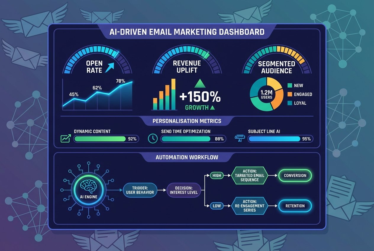 A dark-themed AI email marketing dashboard displaying personalisation metrics, open rate graphs, revenue uplift charts, segmented audience panels, and automated workflow diagrams with glowing blue and green data visualisations.