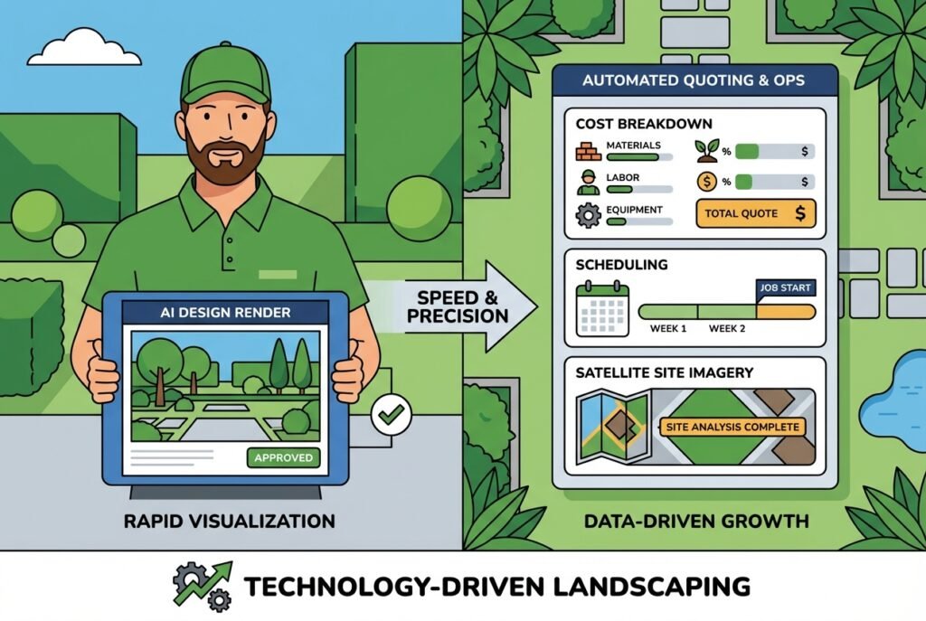 A landscaper holding a tablet displaying a photorealistic AI-generated garden render alongside an automated quoting and scheduling dashboard, with a beautifully landscaped garden featuring manicured hedges and green lawns in the background.