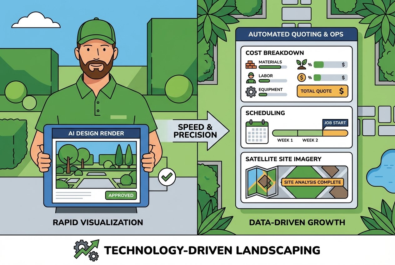 A landscaper holding a tablet displaying a photorealistic AI-generated garden render alongside an automated quoting and scheduling dashboard, with a beautifully landscaped garden featuring manicured hedges and green lawns in the background.