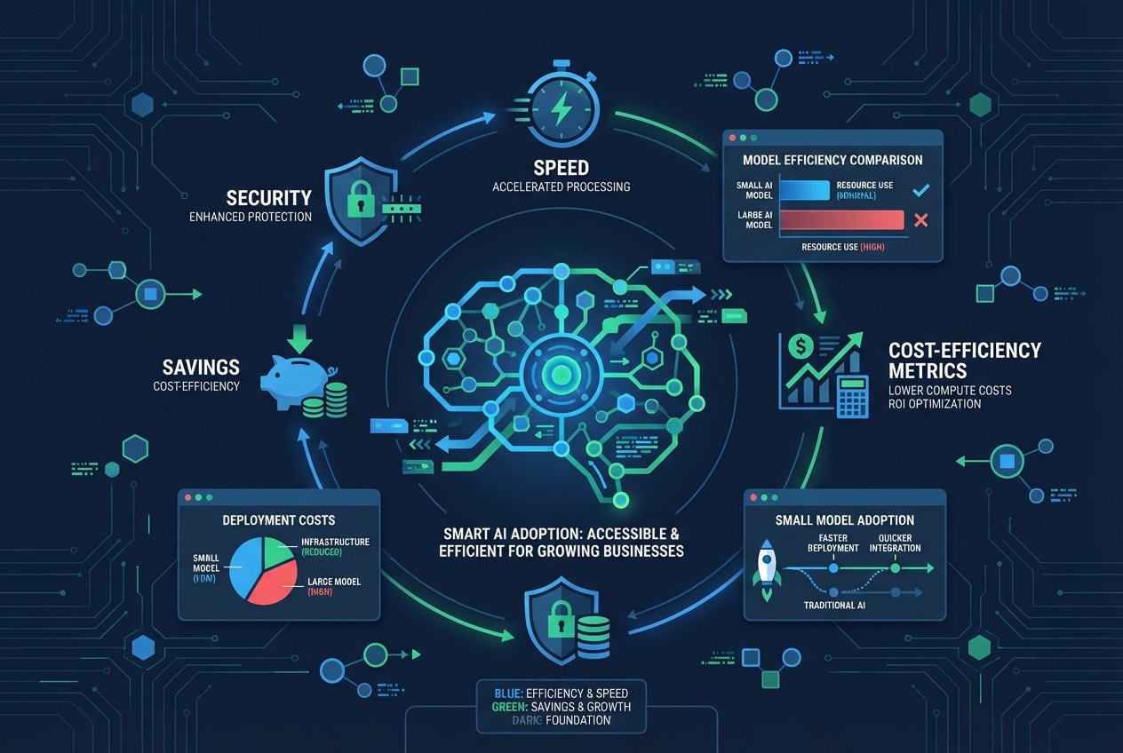 A glowing compact neural network surrounded by icons representing cost savings, data security, and fast processing speed, set against a dark digital background with floating data nodes in blue and green.