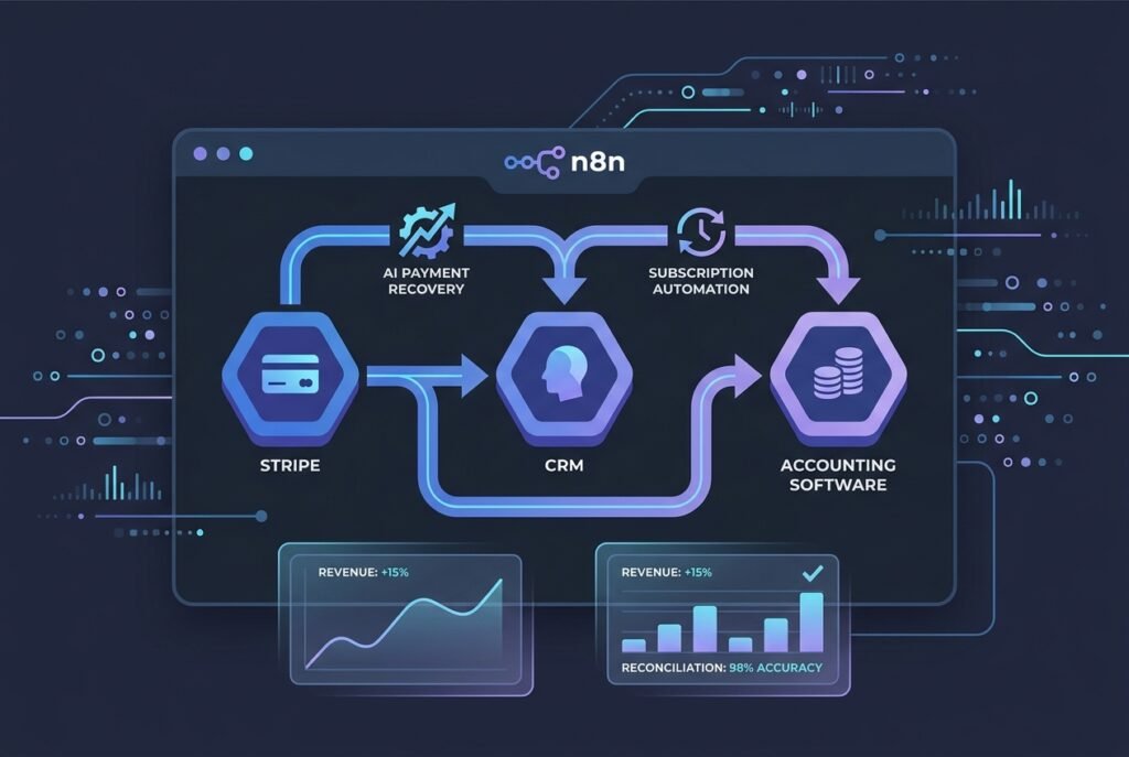 A dark-mode N8N workflow dashboard showing interconnected automation nodes linking Stripe payment processing, a CRM, and accounting software, with blue and purple flow lines, revenue graphs, and invoice status indicators displayed on screen.
