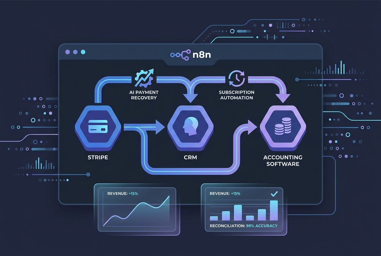 A dark-mode N8N workflow dashboard showing interconnected automation nodes linking Stripe payment processing, a CRM, and accounting software, with blue and purple flow lines, revenue graphs, and invoice status indicators displayed on screen.