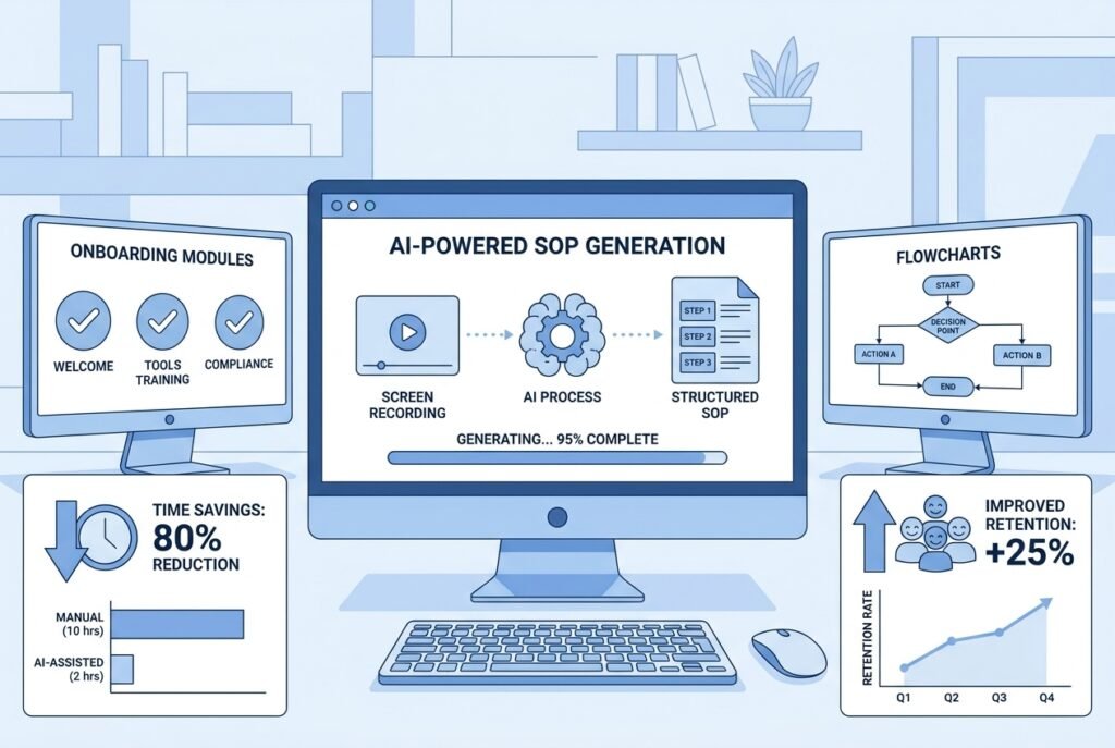 A sleek digital dashboard showing an AI tool converting a screen recording into a formatted standard operating procedure, surrounded by onboarding module cards, compliance checklists, and productivity metric charts on multiple monitors.
